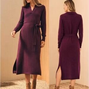 Faherty Jackson Belted Knit Sweater Dress Midi Claret Heather Burgundy Red Lrg